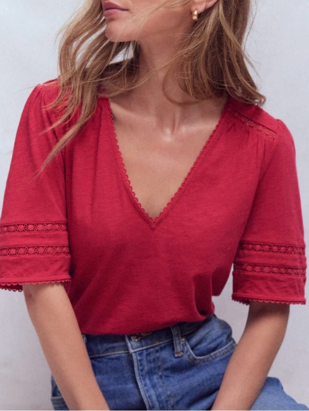 🆕- Boden- Picot Trim V-Neck Cotton Top. Terracotta Red. Size: 14